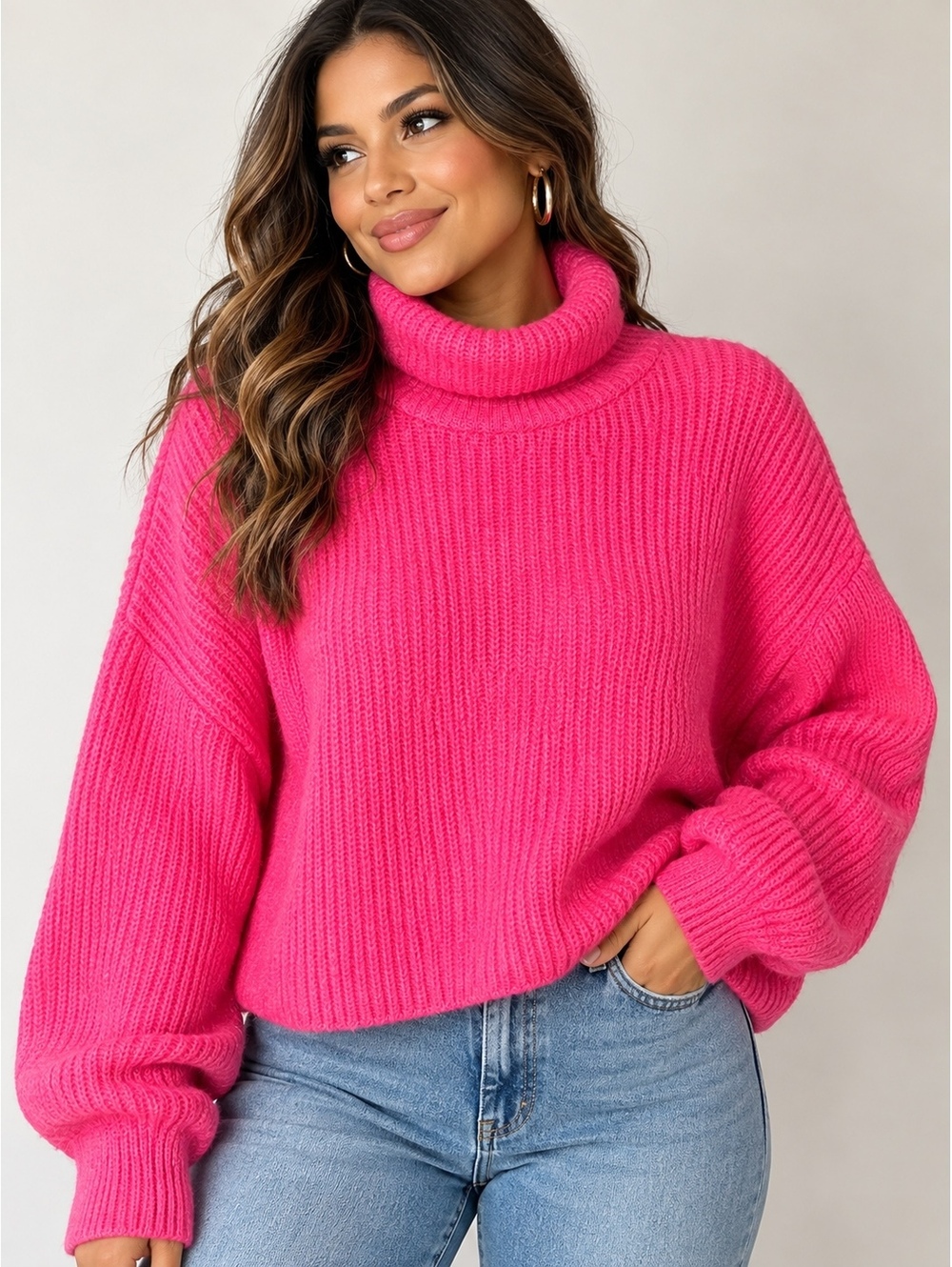 Freshman 1996 Women's XL Hot Pink Turtleneck Oversized Knit Sweater